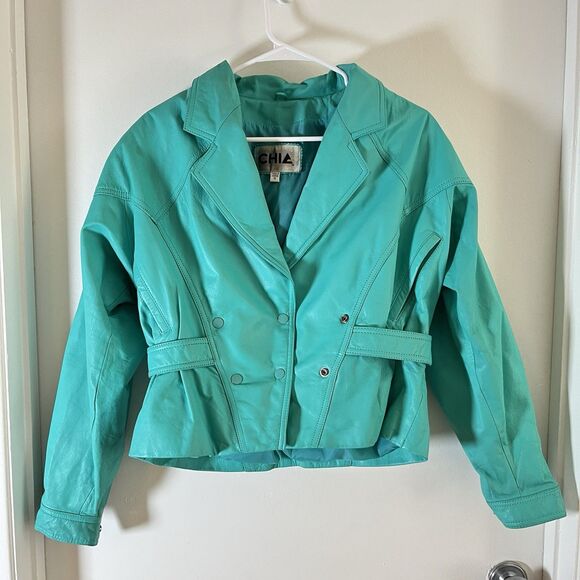 Vtg 80s CHIA Teal Leather Jacket Women Sz Medium 8 Glamour Chic Grunge Gyaru - Picture 1 of 11